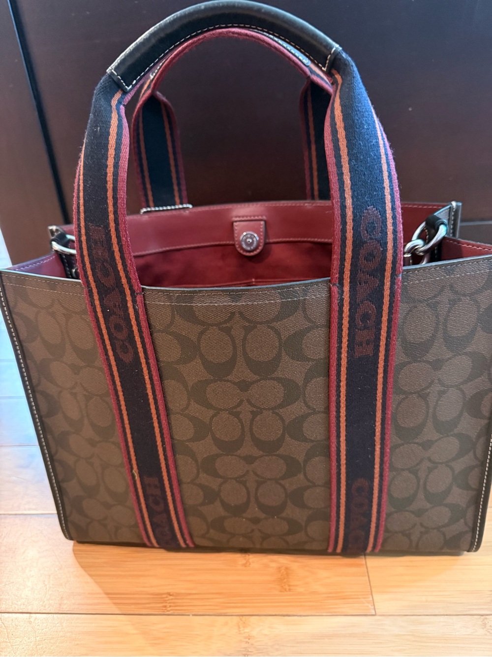Coach Brown Signature Canvas Tote with Burgundy Accents - Picture 2 of 6